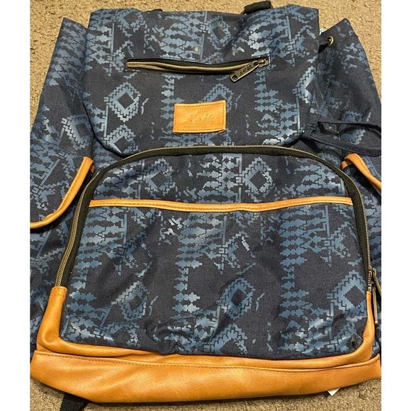 EUC‎ Unisex Blue Canvas Beige Leather Native Print Kelty Backpack - Picture 1 of 4